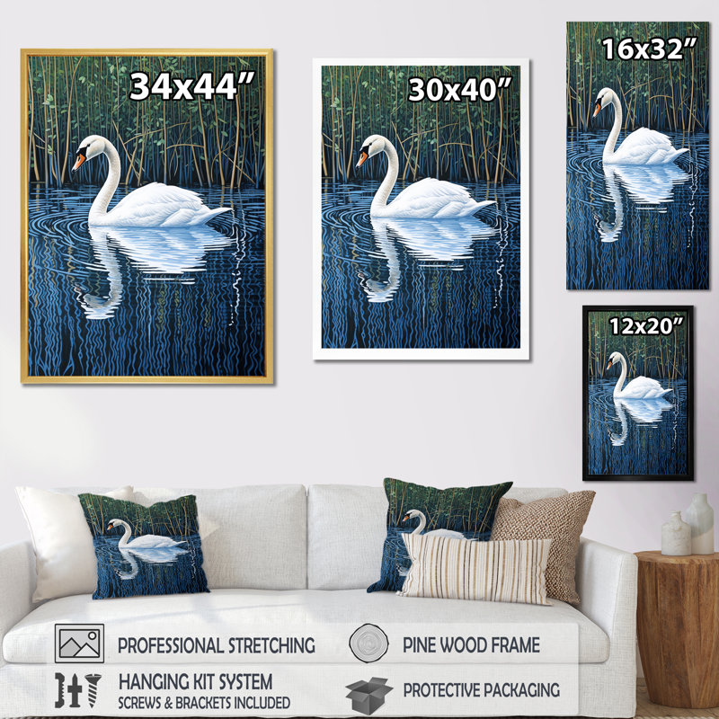 Swans Reflection By The River - Swans, Cadre flottant noir, H 32 po x l 16 po