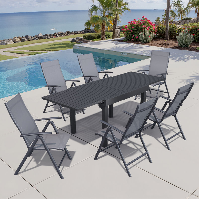 6 - Person Extendable Outdoor Dining Set with Folding Reclining Chairs, Gray/Black