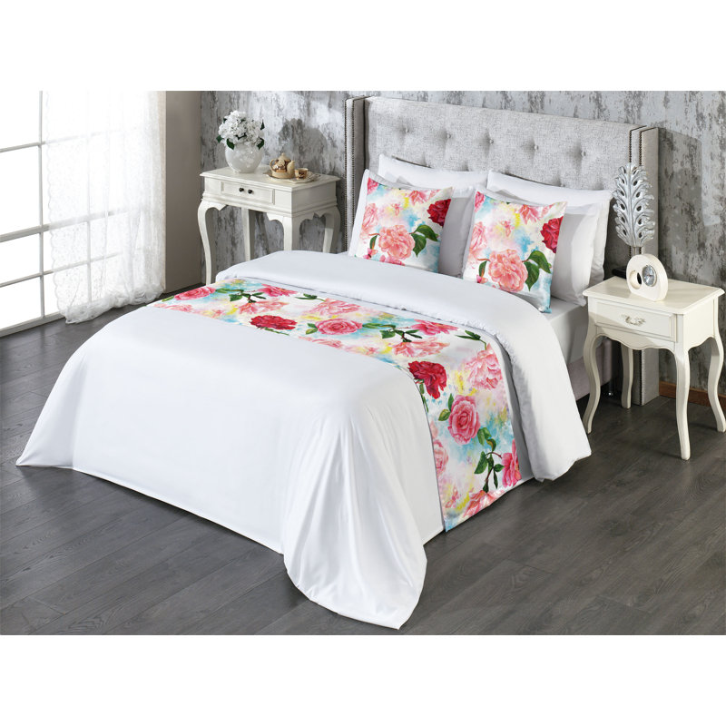 Ensemble de chemin de lit Ambesonne Rose, aquarelle, art floral romantique, rose pastel et vert, Très grand lit