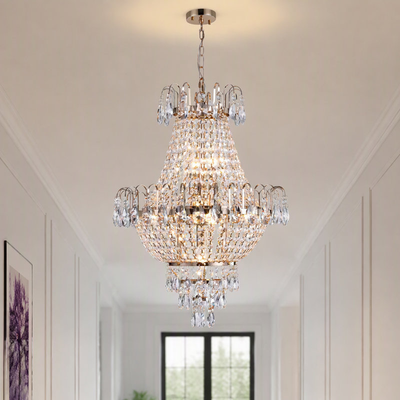 Lustre Empire français doré à 7 lumières en cristal K9, plafonnier moderne encastré, H 27 po x l 16,9 po x P 16,9 po