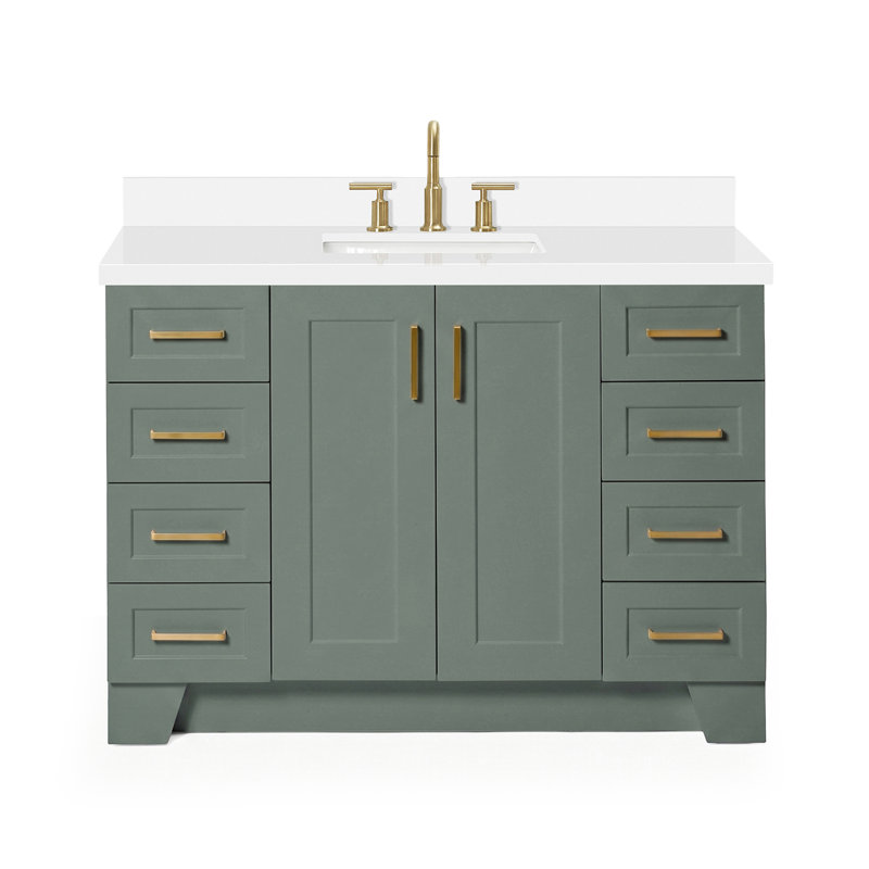 Freitas 48'' Solid Wood Single Bathroom Vanity, Rectangle, White Quartz, Vintage Green