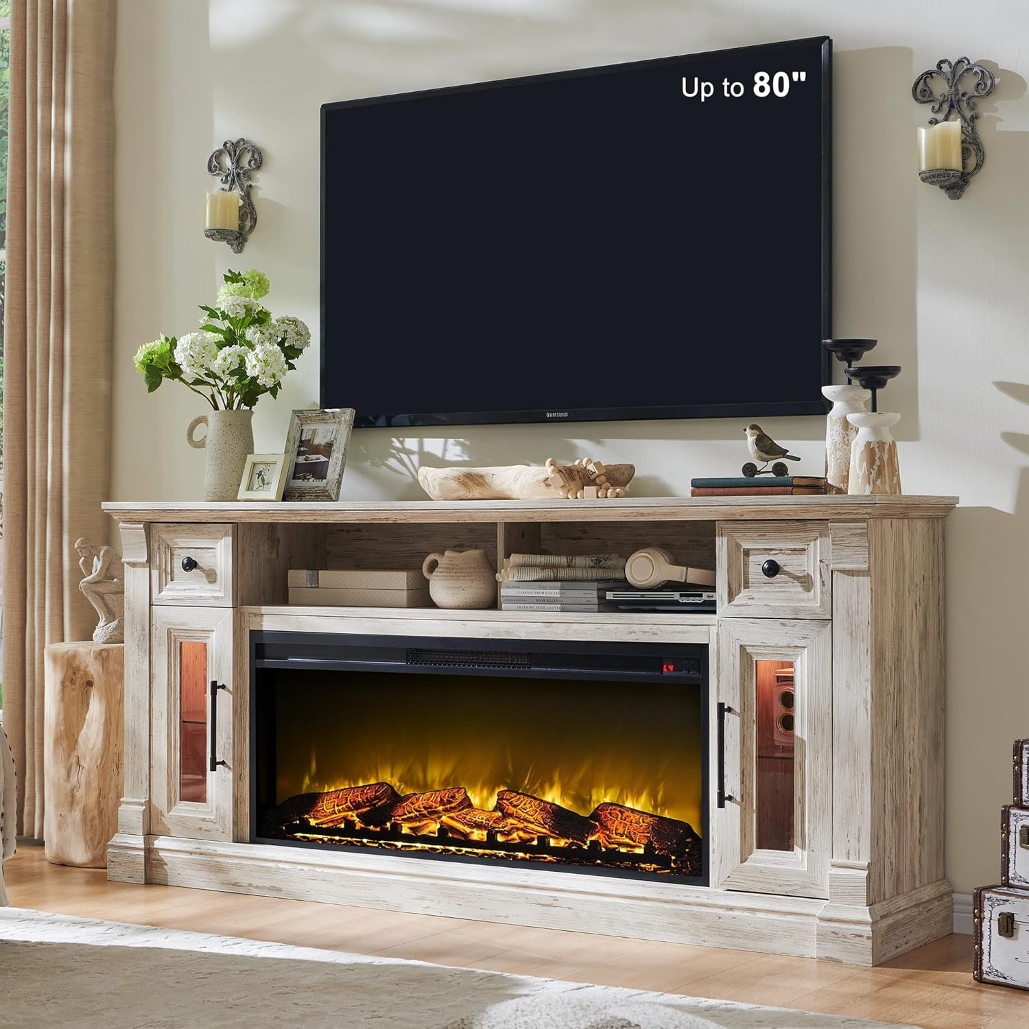 August Grove® Diamandi Farmhouse Fireplace Tv Stand With Timer, Wood Tv Console For Tvs Up To 80" With Electric Fireplace Included & Reviews | Wayfair