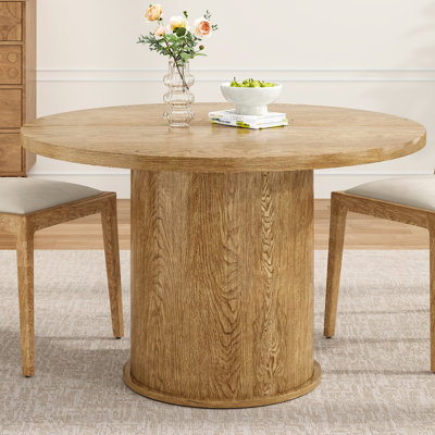 Round Dining Table for 4 People, Small Kitchen Dining Table with Wood Top and Sturdy Metal Pedestal Base, Modern Round Dinner Table for Dining Room, E