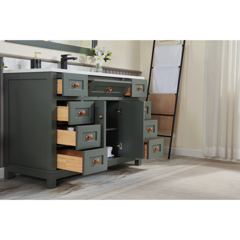 48" Solid Wood Bathroom Vanity with Engineered Stone Top, Single Sink, Pewter Green, Rose Gold