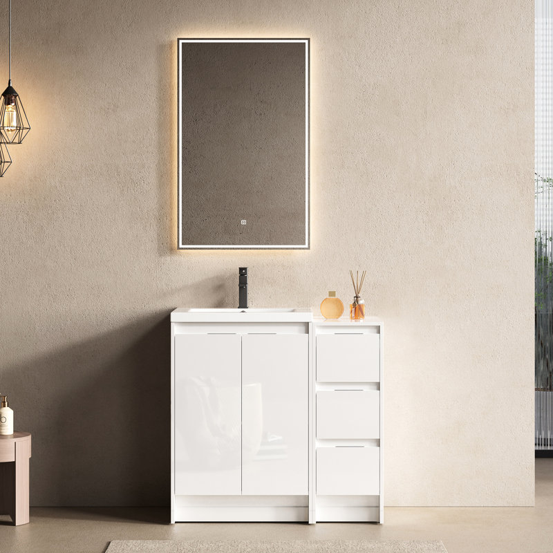 Meuble-lavabo autoportant de 36 po avec lavabo en résine, 1 armoire, système de fermeture en douceur, mobilier blanc brillant, base en contreplaqué, design contemporain, tablettes réglables, charnières silencieuses, titre d'entretien facile