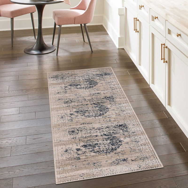 Arkeen Oriental Dark Blue/Beige/Ivory/Gray Area Rug, Runner 2'7" x 12'