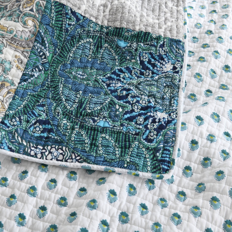 Ensemble de courtepointe réversible 100% coton à motif floral, Bleu vert / blanc