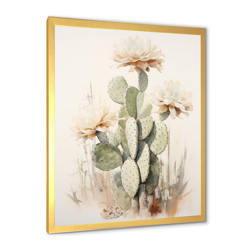 Cactus minimaliste beige et vert I sur toile, H 40 po x l 30 po x P 1,5 po, Cadre doré simple