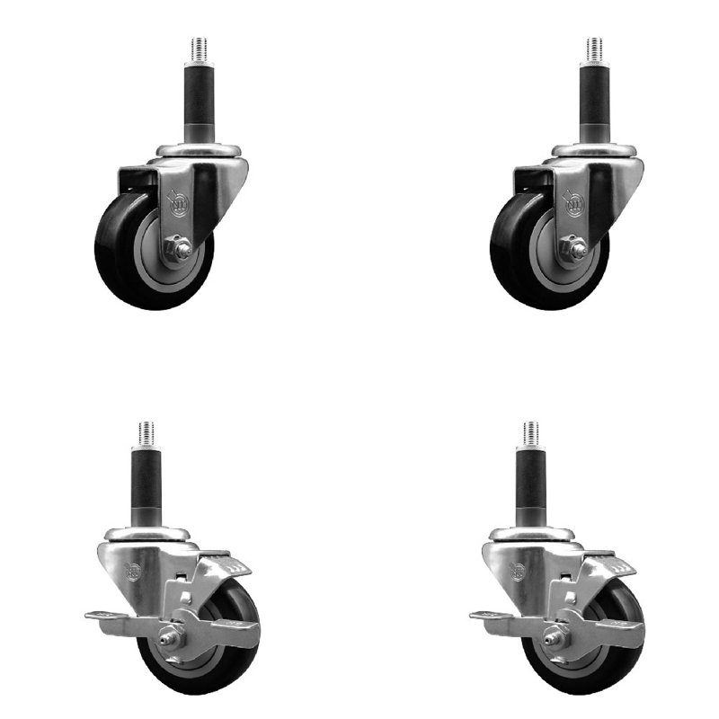 Ensemble de roulettes extensibles pivotantes en poly sur roulettes 2 freins SCC TLB 3 po x 1 po, Noir