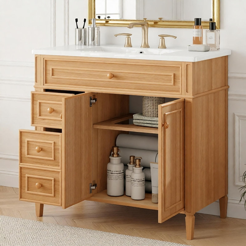 Meuble-lavabo de 36 po avec lavabo, meuble-lavabo en bois avec tiroir rabattable, 3 tiroirs, 2 portes à fermeture en douceur, bois massif et panneau de fibres à densité moyenne, poignées en bois d'hévéa élégantes