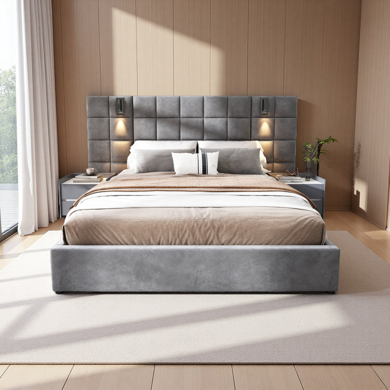 Lit tapissier, avec lampe de lecture et port USB, tête de lit large, sans tables de chevet et matelas, velours, gris