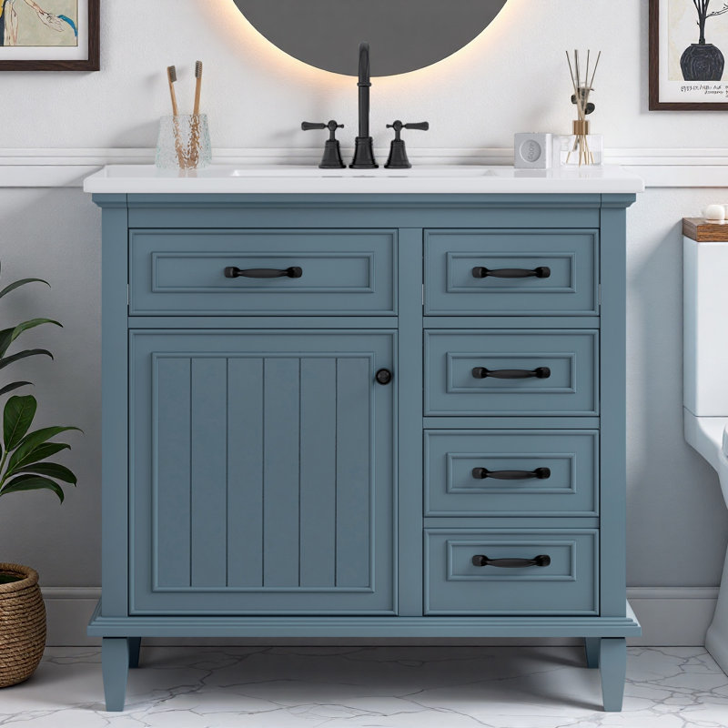 Meuble-lavabo de salle de bain avec lavabo en céramique, armoire, tiroirs, tablette réglable et poignées en alliage de zinc