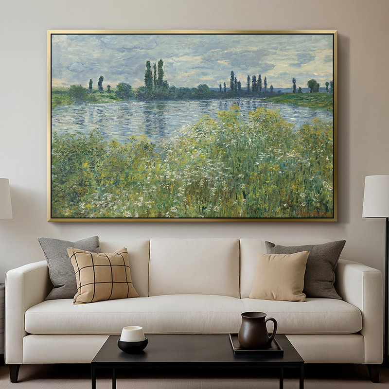 Rives de la seine, Vétheuil, 1880 - Claude Monet, toile tendue avec châssis, 26 x 40, Doré