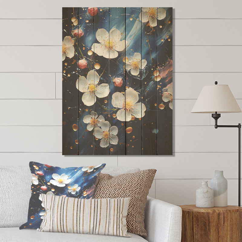 Fleurs de cerisier blanches et bleues I - impression de cerisier sur bois, H 44 po x l 34 po