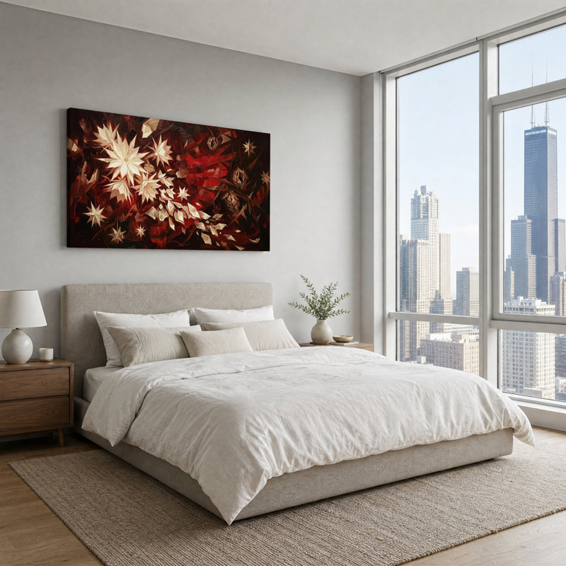 Fleurs blanches en forme d'étoile sur toile rouge foncé, L 46 po x H 24 po
