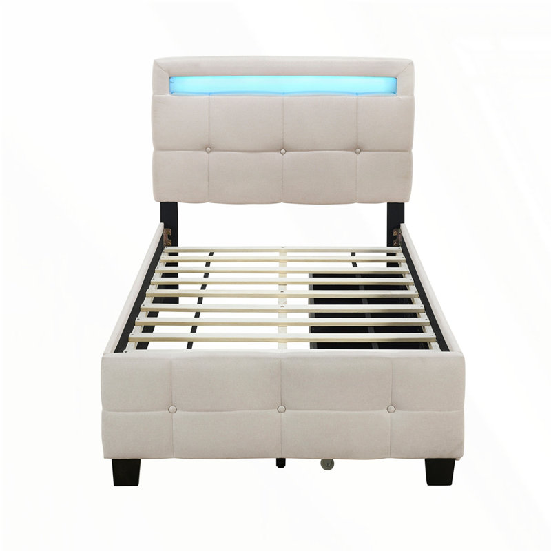 Ebern Designs Upholstered Platform Bed With LED Frame And 2 Drawers ...