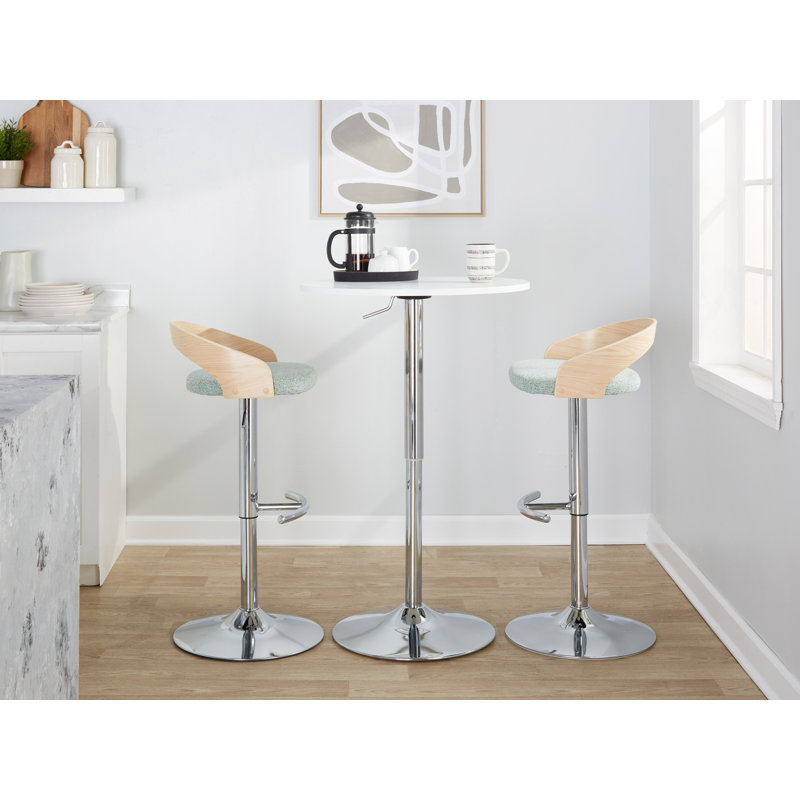 Laurenzio Adjustable Bar Stool with Rounded T Footrest, Chrome, Light Green Fabric/Natural Wood