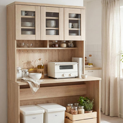 Freestanding Kitchen Pantry Cabinet with Trash Can Storage, Adjustable Shelves & Microwave Stand – Compact Storage Hutch for Small Spaces, Natural Wood Finish