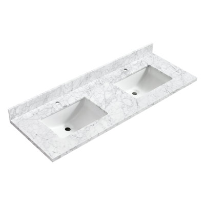 Zevio l 61 po x P 22 po. Comptoir de meuble-lavabo en marbre blanc de Carrare avec lavabo simple rectangulaire blanc