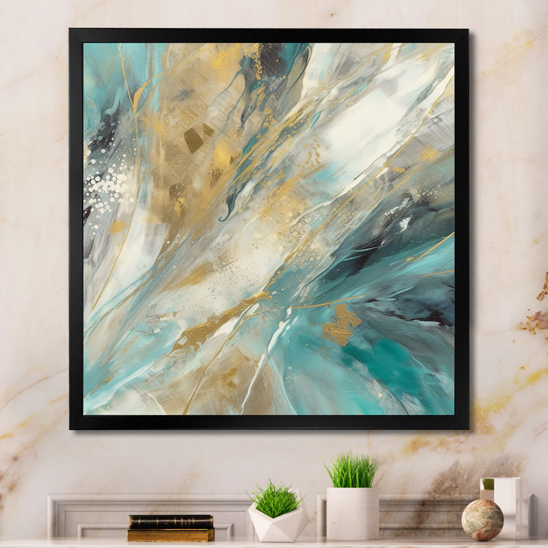Golden Hour in Turquoise Waves IV - Art mural abstrait, Cadre photo noir, H 16 po x l 16 po x P 1 po