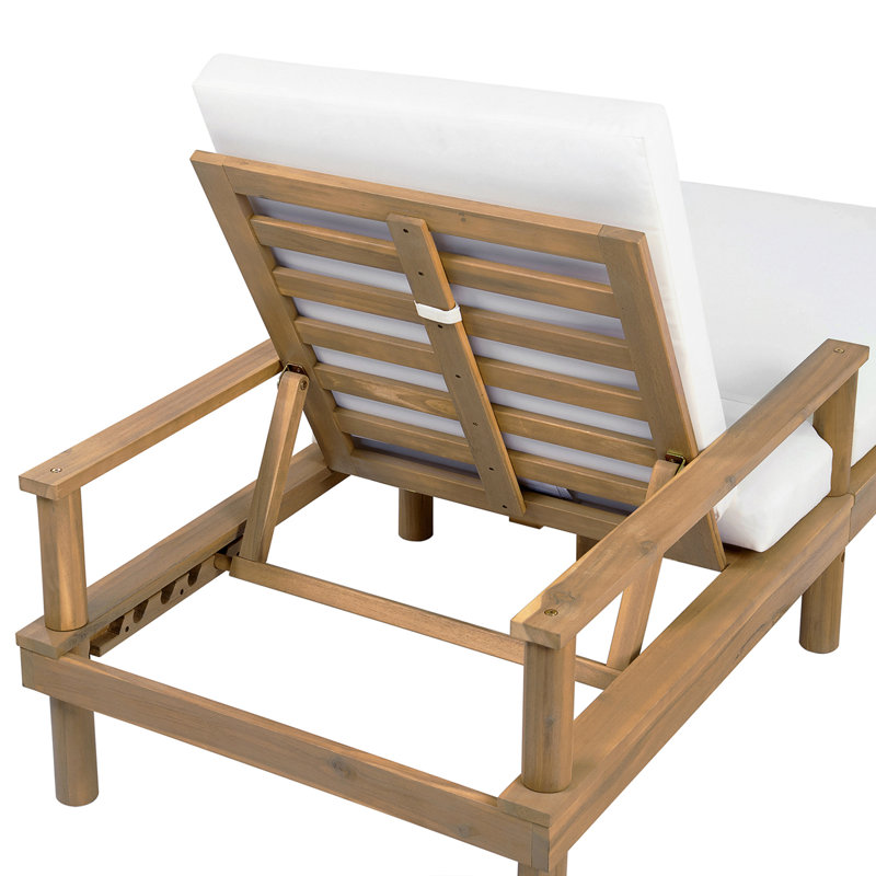 Chaise longue d'extérieur réglable à 5 positions avec structure en bois massif, coussins épais et accoudoirs Jovi, Teck clair