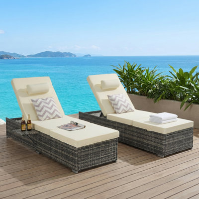 Ensemble de 2 chaises longues en rotin PE pour l'extérieur avec coussins 6 positions, beige