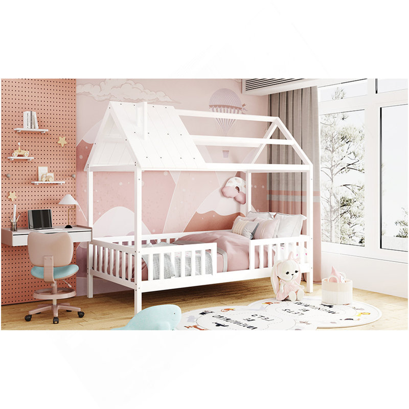 Lit simple en bois avec clôture, blanc