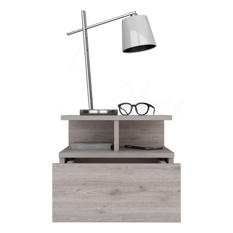 Adele Floating Nightstand With Drawer And Open Storage Shelves, Gray