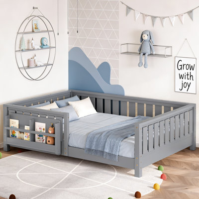 Lit simple Montessori avec garde-corps et tablettes de rangement, simple, gris