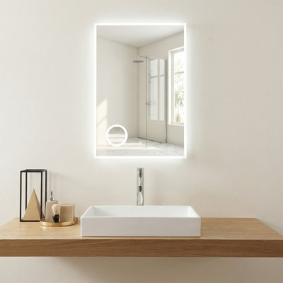 Mya Miroir de Salle de Bain DEL 24 po x 29,5 po avec Miroir Grossissant 3X Intégré - Miroir Intelligent Anti-Buée sans Cadre avec Contrôle de Gradation, Éclairage DEL Économe en Énergie et Design Double Miroir
