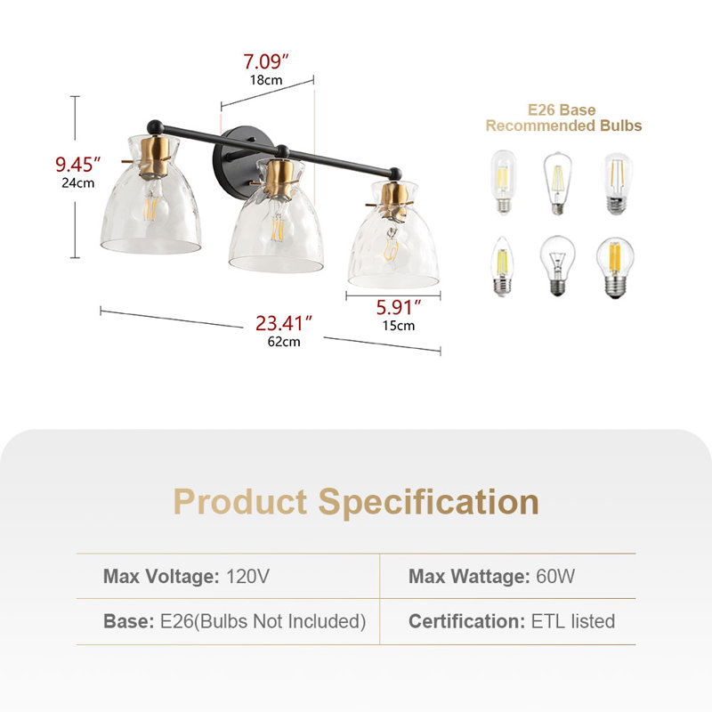 3-Light E26 Black & Brass Metal Vanity Light with Ribbed Glass Shades, Dimmable, UL Listed