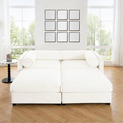 Stylish Chenille 2-Seater Sofa With 2 Ottoman Storage Seat, Cylindrical Backrest And Armrests, Modern Fabric Loveseat Featuring Hidden Storage Space