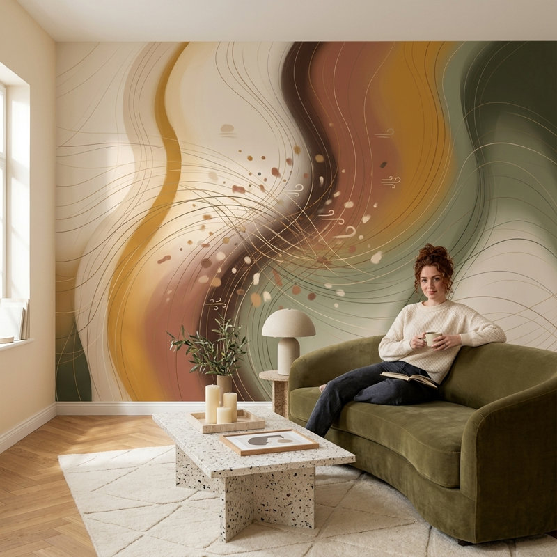Murales lignes abstraites avec courbes organiques, Non tissé, 200 po x 120 po