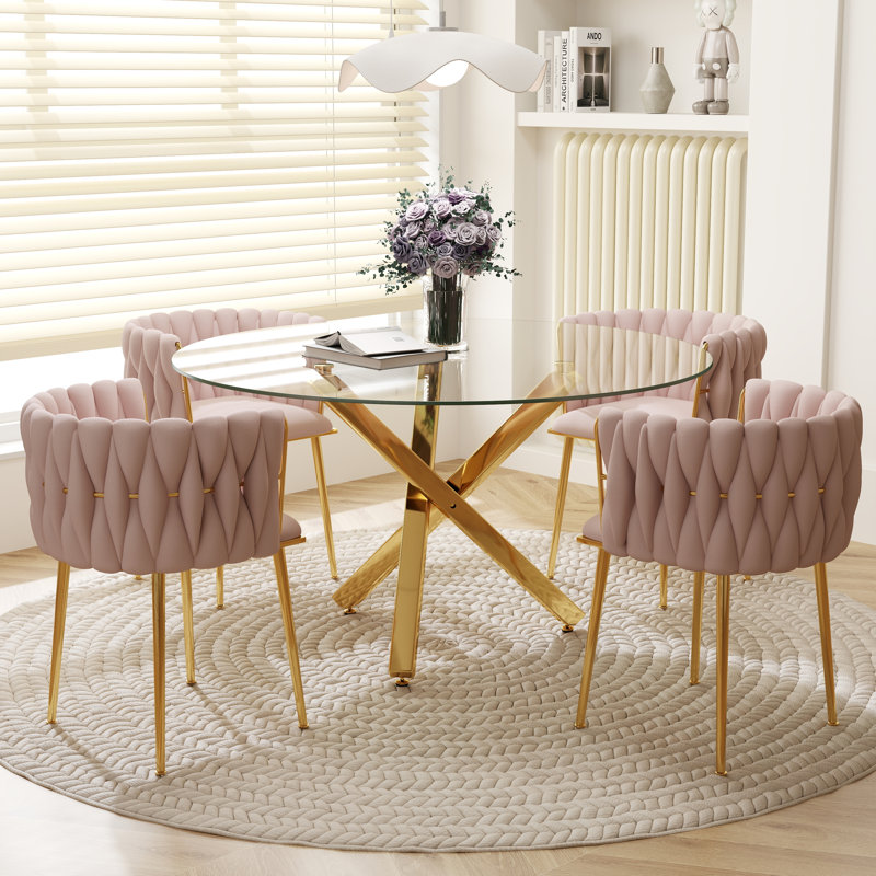 Ensemble de salle à manger Ayron, table de salle à manger avec pieds croisés et chaise de salle à manger en velours, Rose