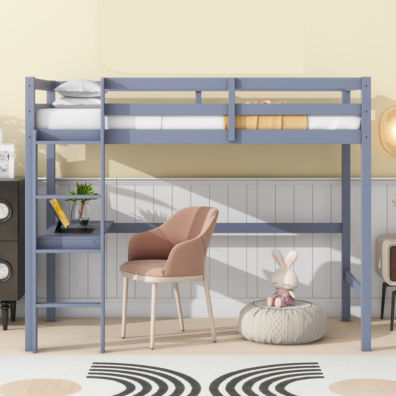 Twin Solid Wood Loft Bed With Built-in-desk, Gray