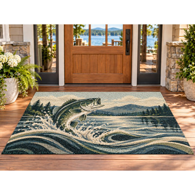 5' x 7' Outdoor Area Rug Bass Fish Mountain Lake Waves Heavyweight Solid Waterproof PVC Coil Loop Carpet, Patio Rug Quick Dry Large Doormat Porch Balcony Entryway RV Camping