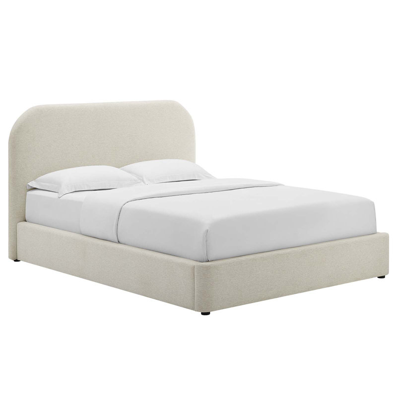 Ivory Velvet Upholstered Full Bed Frame with Curved Headboard