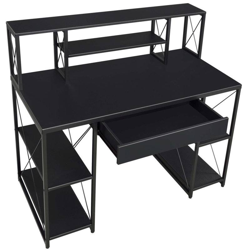 Bureau noir avec tablettes ouvertes et huche, Noir