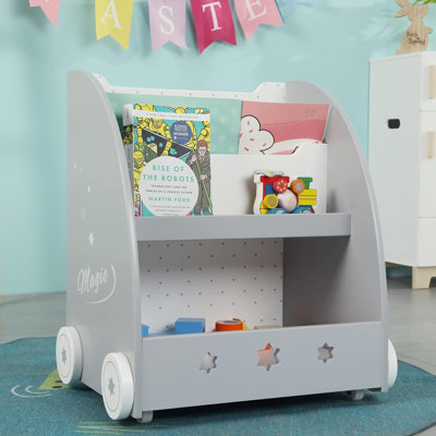 Kids Rolling Bookshelf with Storage Bin, 3-Tier Front-Facing Bookcase and Toy Organizer
