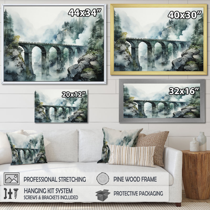 Impression sur toile Babsi Green Bridge Misty Overpass, H 30 po x l 40 po x P 1,5 po, Cadre flottant doré