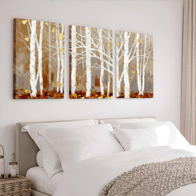 Tableau sur toile tendue représentant des bouleaux d'automne, scène de nature abstraite moderne (ensemble de 3)