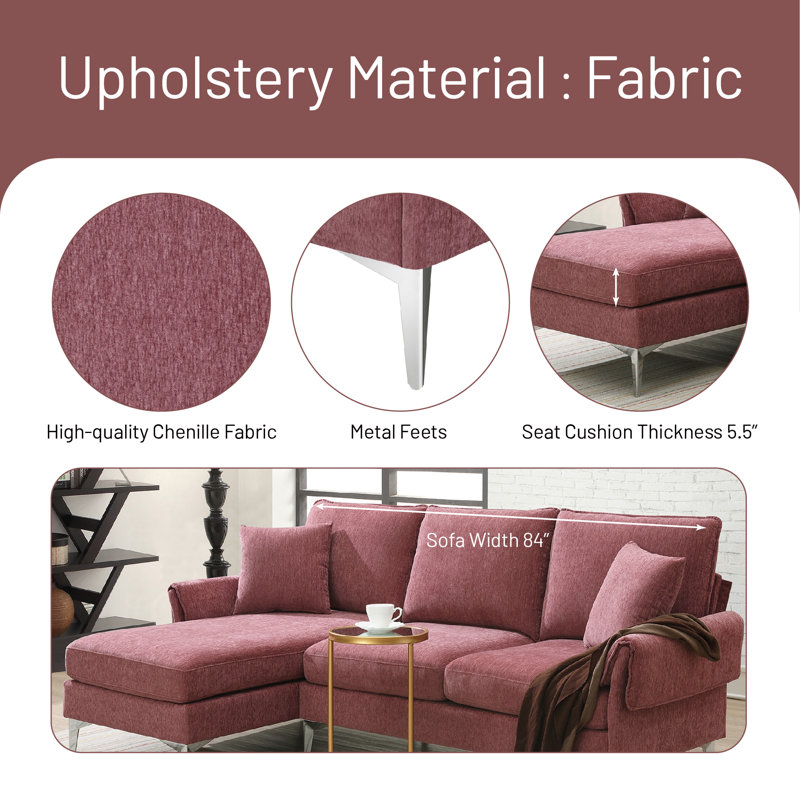 Upholstered L-Shaped Sectional Reversible, Pink Polyester