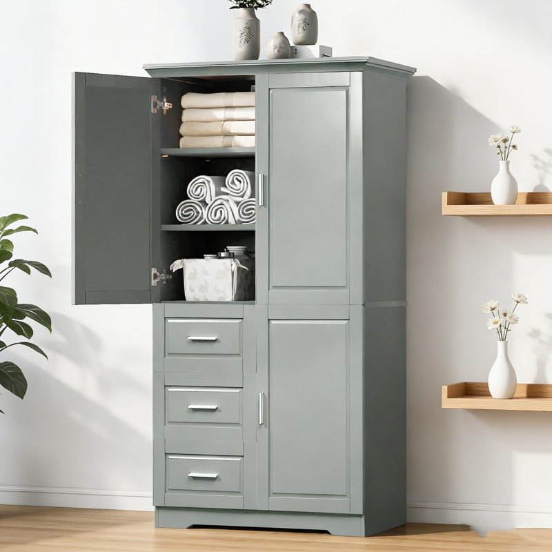 Armoire de rangement haute et large avec portes et trois tiroirs - convient pour la salle de bain et le bureau, Gris