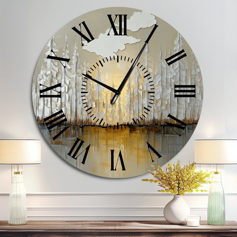 Horloge murale ronde silencieuse en métal Modern Forest Golden Horizon I - Paysage, Surdimensionné