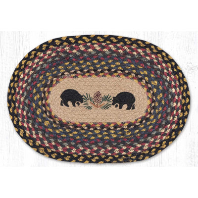  Black Bears Oval Braided Jute Placemat – 13"x19" Hand-Stenciled Rustic Cabin Table Accent