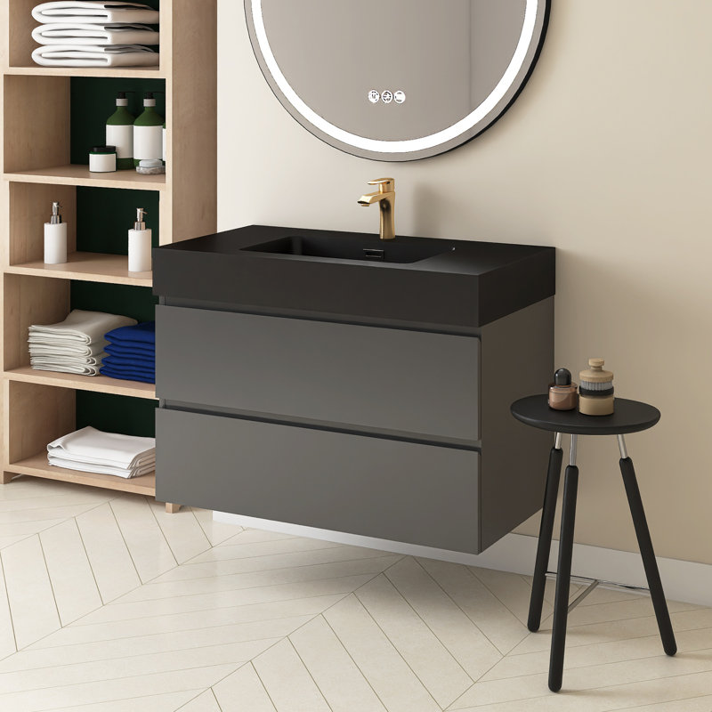 Meuble-lavabo simple 36 po avec plateau Semyah, Gris, Noir
