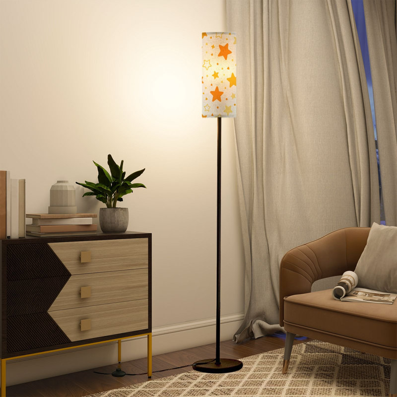 PeeNoke 68.5" Standing Floor Lamp Playful Orange Star Pale Beige Dimmable Metal Pole Lamp with Linen Lampshade LED Bulb Included