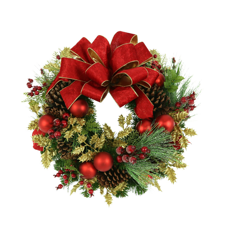 22" Holiday Wreath with Two UV Rated Boxwood Drop-Ins