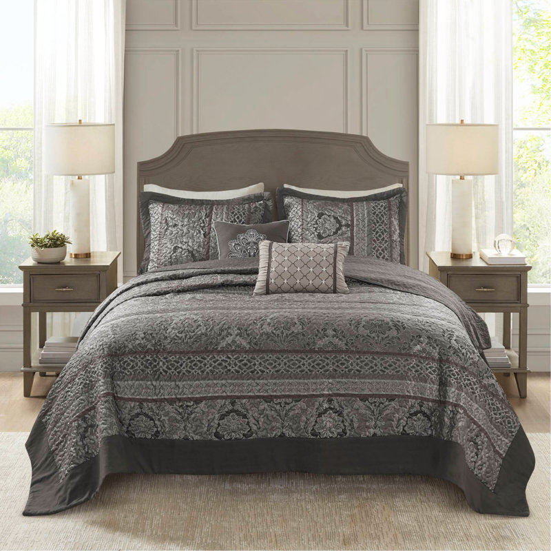 Ensemble de couvre-lit réversible 5 pièces pour lit très grand 5 pièces, gris