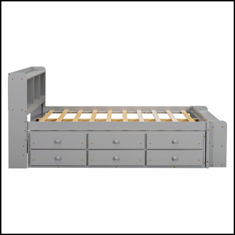 Lit en bois de pin avec bibliothèque latérale et tiroirs, parfait pour les chambres organisées et élégantes, Gris